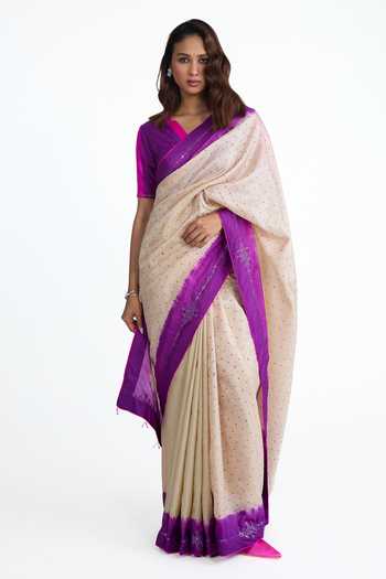 Buy_Naina Jain_Purple Silk V-neck And Bandhani Saree With Blouse _at_Aza_Fashions