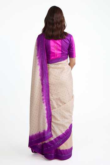 Shop_Naina Jain_Purple Silk V-neck And Bandhani Saree With Blouse _at_Aza_Fashions