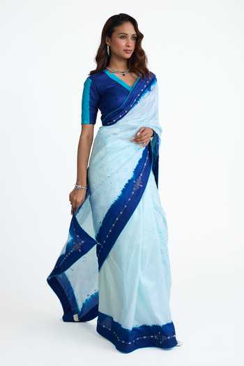 Naina Jain_Blue Silk V-neck And Bandhani Saree With Blouse _Online_at_Aza_Fashions