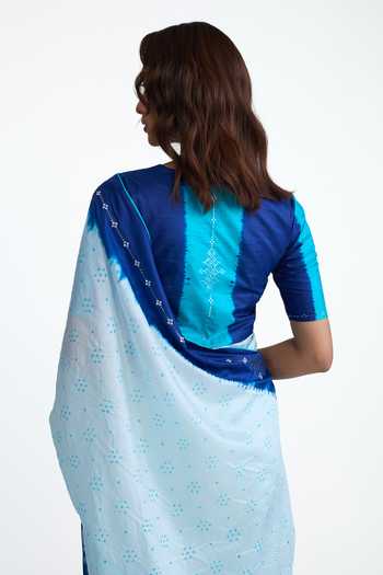Buy_Naina Jain_Blue Silk V-neck And Bandhani Saree With Blouse _Online_at_Aza_Fashions