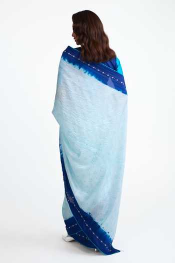 Shop_Naina Jain_Blue Silk V-neck And Bandhani Saree With Blouse _at_Aza_Fashions