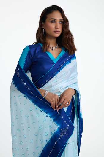 Shop_Naina Jain_Blue Silk V-neck And Bandhani Saree With Blouse _Online_at_Aza_Fashions