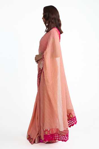 Naina Jain_Peach Cotton, Chanderi, Tissue, Georgette Bandhani Palla Saree With Blouse _Online_at_Aza_Fashions