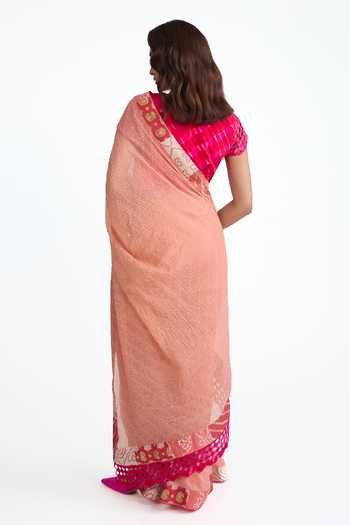 Shop_Naina Jain_Peach Cotton, Chanderi, Tissue, Georgette Bandhani Palla Saree With Blouse _at_Aza_Fashions