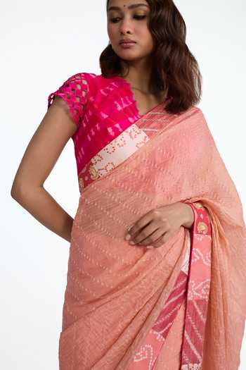 Buy_Naina Jain_Peach Cotton, Chanderi, Tissue, Georgette Bandhani Palla Saree With Blouse _Online_at_Aza_Fashions