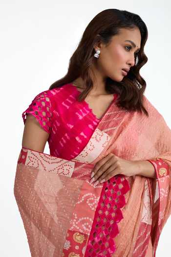 Shop_Naina Jain_Peach Cotton, Chanderi, Tissue, Georgette Bandhani Palla Saree With Blouse _Online_at_Aza_Fashions