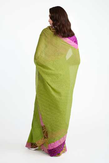 Shop_Naina Jain_Green Cotton, Chanderi, Tissue, Crepe Bandhani Saree With Contrast Blouse _at_Aza_Fashions