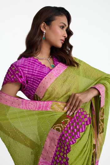 Buy_Naina Jain_Green Cotton, Chanderi, Tissue, Crepe Bandhani Saree With Contrast Blouse _Online_at_Aza_Fashions