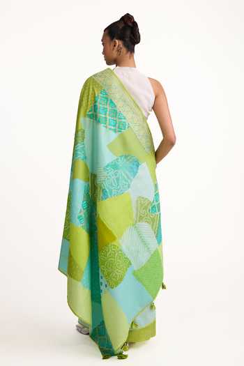 Shop_Naina Jain_Blue Silk Patchwork Bandhani Saree With Unstitched Blouse Piece _at_Aza_Fashions
