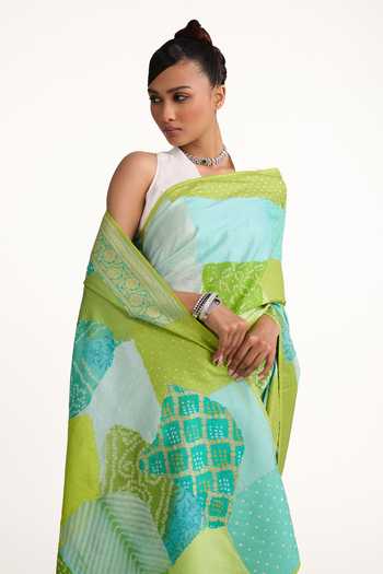 Shop_Naina Jain_Blue Silk Patchwork Bandhani Saree With Unstitched Blouse Piece _Online_at_Aza_Fashions