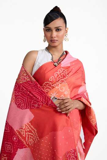 Buy_Naina Jain_Peach Silk Bandhani Patched Saree With Unstitched Blouse Piece _Online_at_Aza_Fashions
