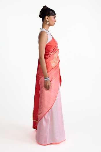 Shop_Naina Jain_Peach Silk Bandhani Patched Saree With Unstitched Blouse Piece _Online_at_Aza_Fashions