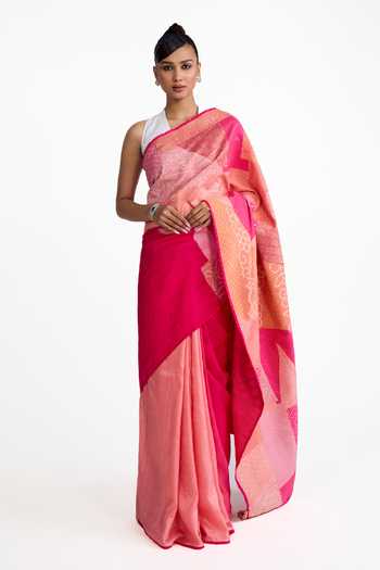Naina Jain_Pink Silk Bandhani Patched Saree With Unstitched Blouse Piece _Online_at_Aza_Fashions