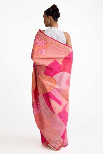 Shop_Naina Jain_Pink Silk Bandhani Patched Saree With Unstitched Blouse Piece _at_Aza_Fashions