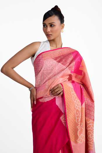 Buy_Naina Jain_Pink Silk Bandhani Patched Saree With Unstitched Blouse Piece _Online_at_Aza_Fashions