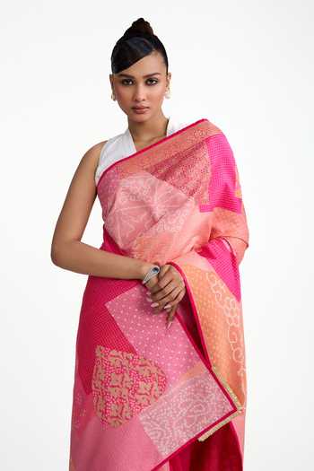 Shop_Naina Jain_Pink Silk Bandhani Patched Saree With Unstitched Blouse Piece _Online_at_Aza_Fashions