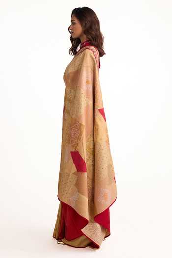 Naina Jain_Beige Silk Halter Neck Bandhani Patchwork Saree With Unstitched Blouse Piece _Online_at_Aza_Fashions