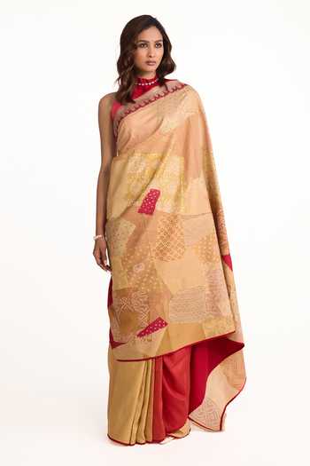 Buy_Naina Jain_Beige Silk Halter Neck Bandhani Patchwork Saree With Unstitched Blouse Piece _at_Aza_Fashions