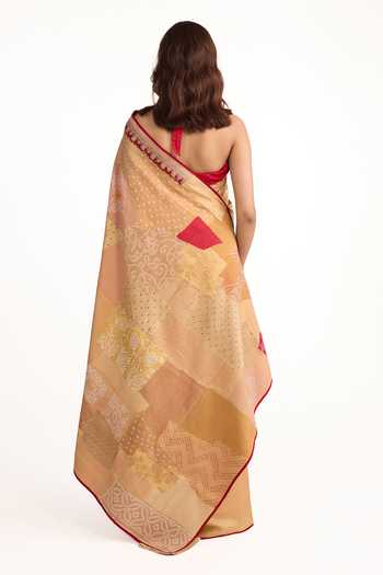 Shop_Naina Jain_Beige Silk Halter Neck Bandhani Patchwork Saree With Unstitched Blouse Piece _at_Aza_Fashions