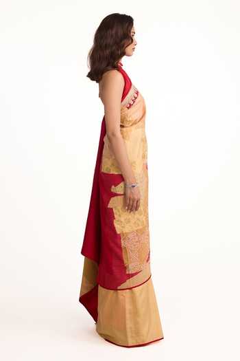 Buy_Naina Jain_Beige Silk Halter Neck Bandhani Patchwork Saree With Unstitched Blouse Piece _Online_at_Aza_Fashions