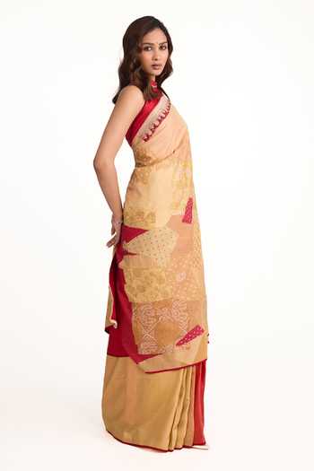 Shop_Naina Jain_Beige Silk Halter Neck Bandhani Patchwork Saree With Unstitched Blouse Piece _Online_at_Aza_Fashions