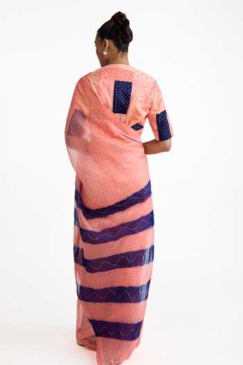 Shop_Naina Jain_Peach Organza, Silk Scoop Neck Striped Palla Saree With Blouse _at_Aza_Fashions
