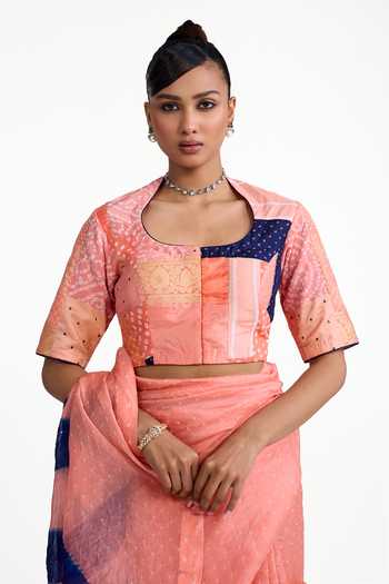 Buy_Naina Jain_Peach Organza, Silk Scoop Neck Striped Palla Saree With Blouse _Online_at_Aza_Fashions