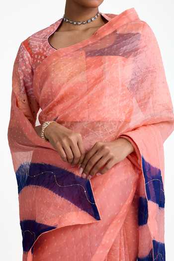 Shop_Naina Jain_Peach Organza, Silk Scoop Neck Striped Palla Saree With Blouse _Online_at_Aza_Fashions
