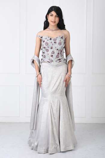 Buy_Isha Regalia_Grey Net Embroidery Sweetheart Neck, Off-shoulder Corset Panelled Skirt Set _at_Aza_Fashions