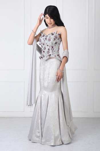 Isha Regalia_Grey Net Embroidery Sweetheart Neck, Off-shoulder Corset Panelled Skirt Set _Online_at_Aza_Fashions