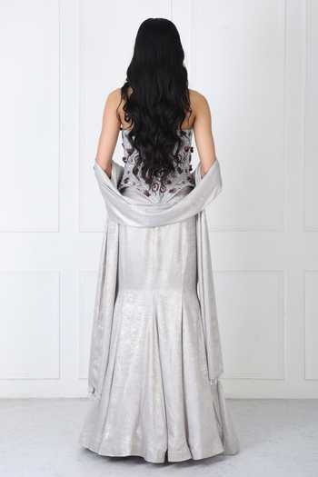 Shop_Isha Regalia_Grey Net Embroidery Sweetheart Neck, Off-shoulder Corset Panelled Skirt Set _at_Aza_Fashions