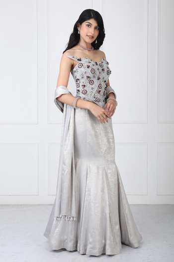 Buy_Isha Regalia_Grey Net Embroidery Sweetheart Neck, Off-shoulder Corset Panelled Skirt Set _Online_at_Aza_Fashions