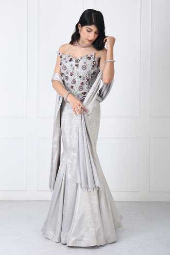 Shop_Isha Regalia_Grey Net Embroidery Sweetheart Neck, Off-shoulder Corset Panelled Skirt Set _Online_at_Aza_Fashions
