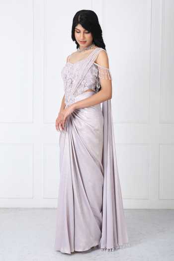 Buy_Isha Regalia_Lilac Net Embroidery, Beads, Tassels Sweetheart Pre-draped Saree With Bodysuit _Online_at_Aza_Fashions
