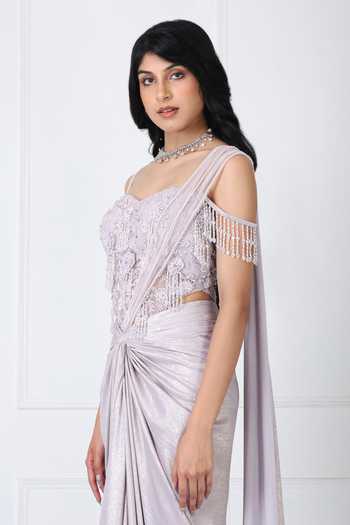 Shop_Isha Regalia_Lilac Net Embroidery, Beads, Tassels Sweetheart Pre-draped Saree With Bodysuit _Online_at_Aza_Fashions