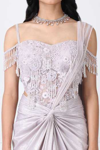 Isha Regalia_Lilac Net Embroidery, Beads, Tassels Sweetheart Pre-draped Saree With Bodysuit _at_Aza_Fashions