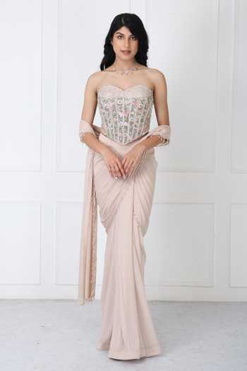 Buy_Isha Regalia_Beige Georgette, Net Pearls Pre-drape Saree With Floral Embroidered Corset _at_Aza_Fashions
