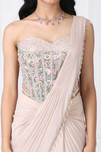 Buy_Isha Regalia_Beige Georgette, Net Pearls Pre-drape Saree With Floral Embroidered Corset _Online_at_Aza_Fashions