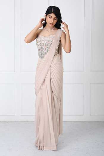 Shop_Isha Regalia_Beige Georgette, Net Pearls Pre-drape Saree With Floral Embroidered Corset _Online_at_Aza_Fashions