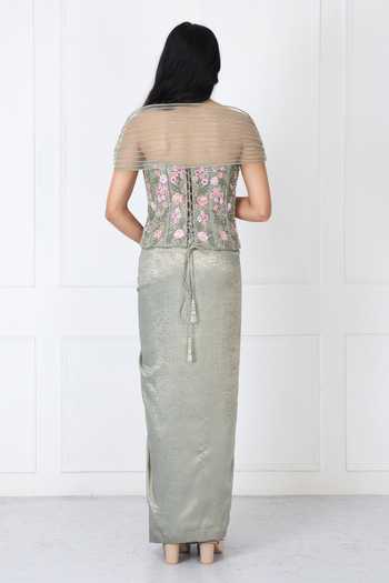 Shop_Isha Regalia_Green Net Embroidery Sweetheart Neck Floral Corset With Draped Skirt _at_Aza_Fashions