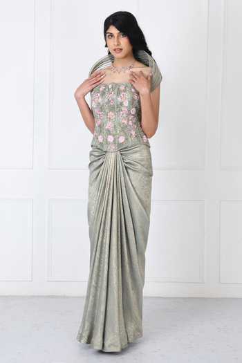 Isha Regalia_Green Net Embroidery Sweetheart Neck Floral Corset With Draped Skirt _Online_at_Aza_Fashions