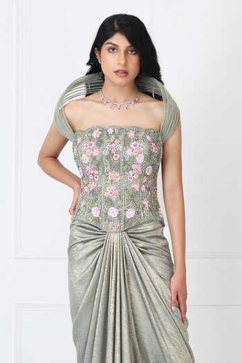 Shop_Isha Regalia_Green Net Embroidery Sweetheart Neck Floral Corset With Draped Skirt _Online_at_Aza_Fashions