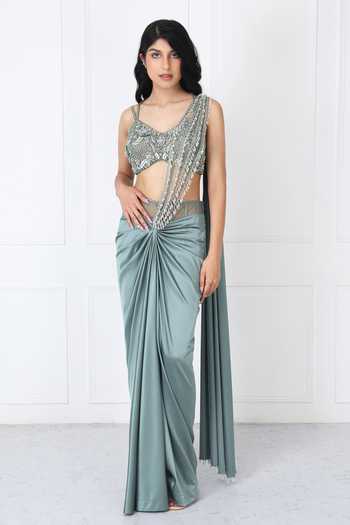 Buy_Isha Regalia_Green Satin, Net V-neck Viridian Pre-draped Saree With Embroidered Blouse _at_Aza_Fashions