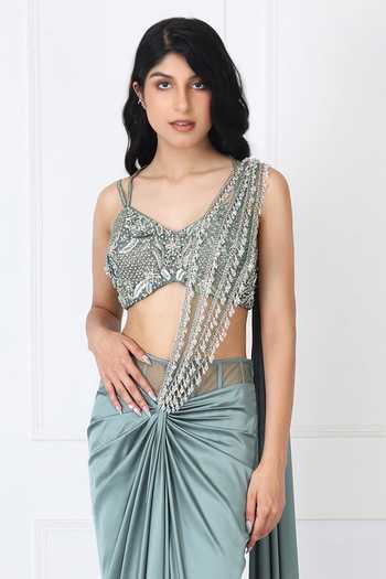 Isha Regalia_Green Satin, Net V-neck Viridian Pre-draped Saree With Embroidered Blouse _Online_at_Aza_Fashions
