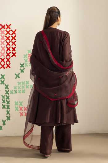 Shop_Radha Sharma_Brown Chanderi, Organza Round Neck Embroidered Kurta Set _at_Aza_Fashions