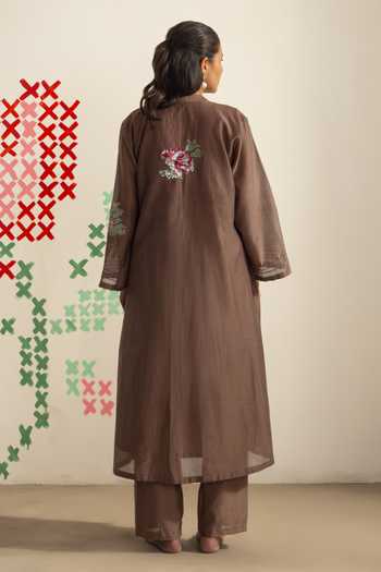Shop_Radha Sharma_Brown Chanderi Mandarin Collar Embroidered Kurta And Pant Set _at_Aza_Fashions