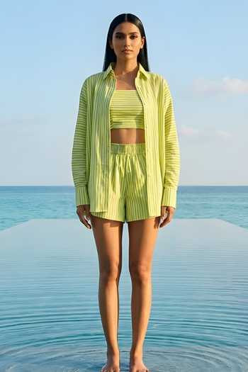 Buy_Poppi_Green Silk, Bemberg Collared, Square Neck Striped Shirt And Shorts Co-ord Set _at_Aza_Fashions