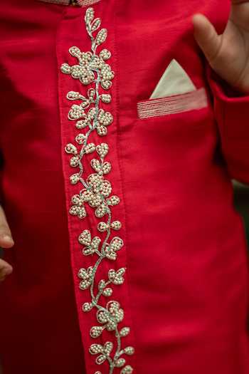 Rage Attire-Sweta Saria_Red Silk, Bemberg Pearl Embroidered Sherwani Set _Online_at_Aza_Fashions
