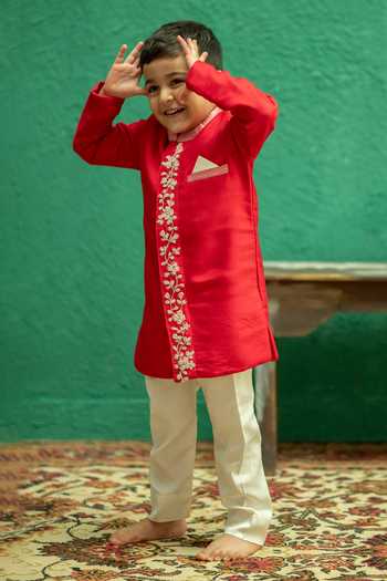 Buy_Rage Attire-Sweta Saria_Red Silk, Bemberg Pearl Embroidered Sherwani Set _Online_at_Aza_Fashions