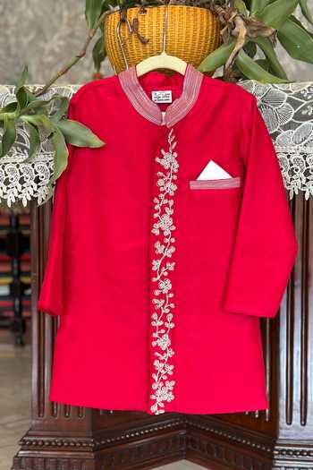 Shop_Rage Attire-Sweta Saria_Red Silk, Bemberg Pearl Embroidered Sherwani Set _Online_at_Aza_Fashions